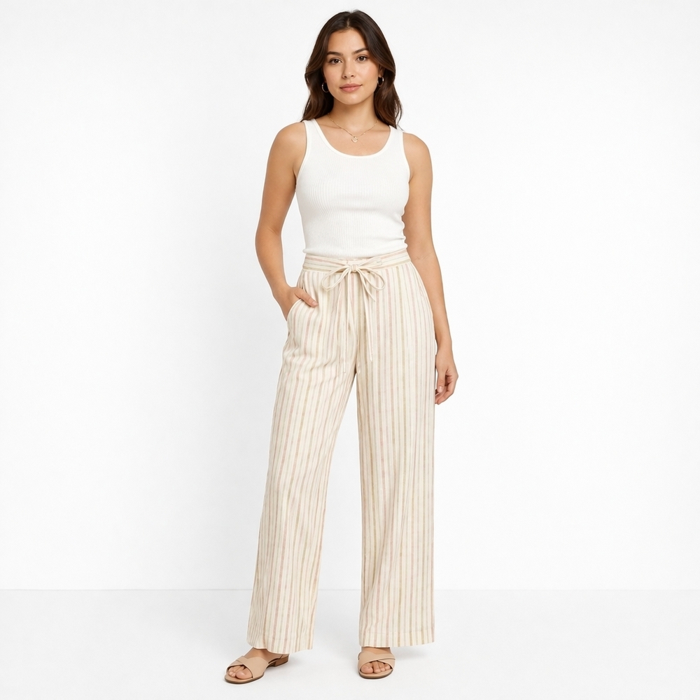 Dex Cream Tan Tie-Waist Linen Blend Pants with Subtle Stripes Size Medium